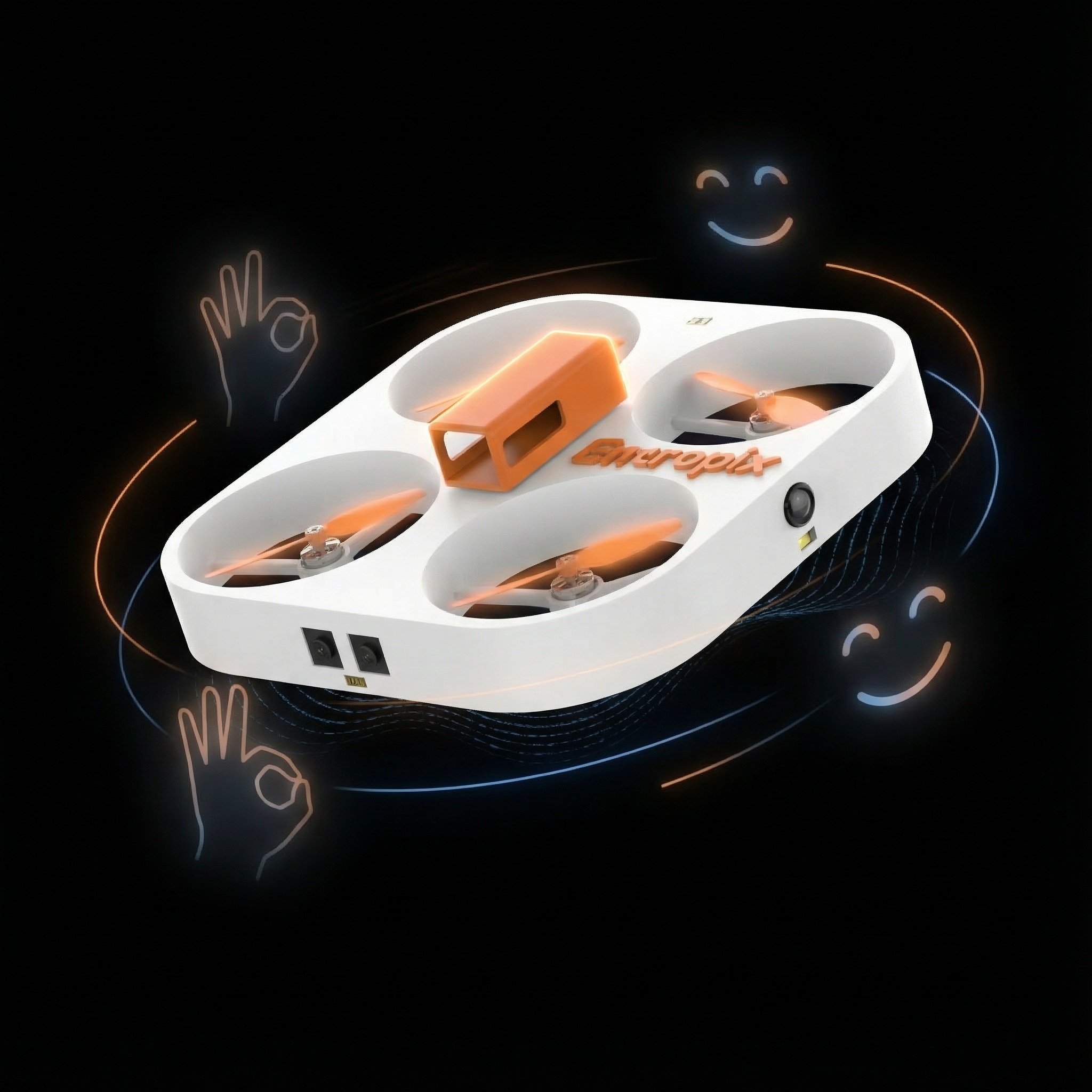 Flyer O1 hovering at eye level with emotional response